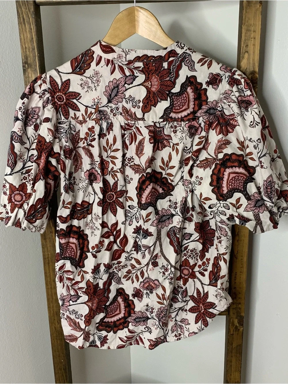 Joie Linen Blend Floral Button-Front Puff Sleeve Top Size S